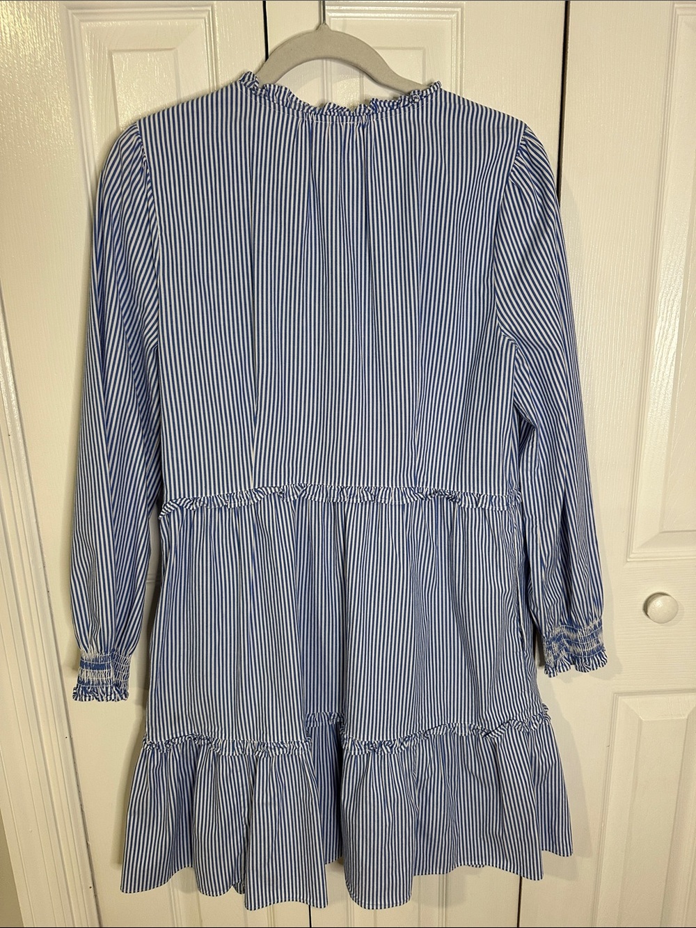 J. Crew Navy and White Striped Tiered Long-Sleeve Dress | 10 - Picture 4 of 8